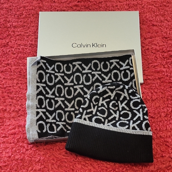 Calvin Klein Accessories - Calvin Klein Black and Silver Logo Beanie and Scarf Set